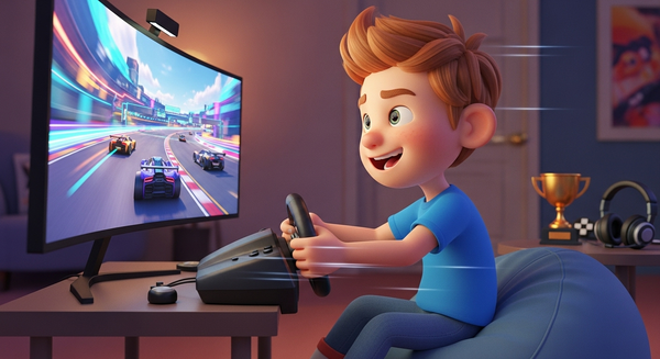 게이밍 모니터 앞에서 신나게 레이싱 게임을 하고 있는 소년의 이미지