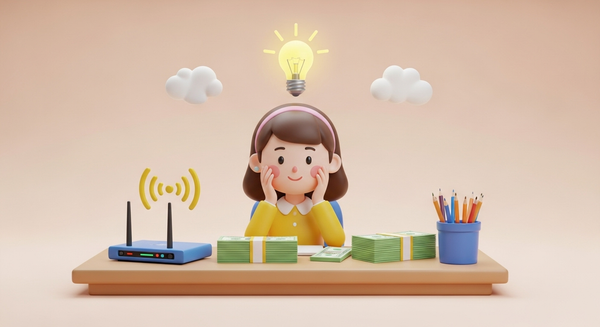 책상에 돈과 공유기가 있고 중앙에 여성 머리 위에 전구가 빛나는 이미지