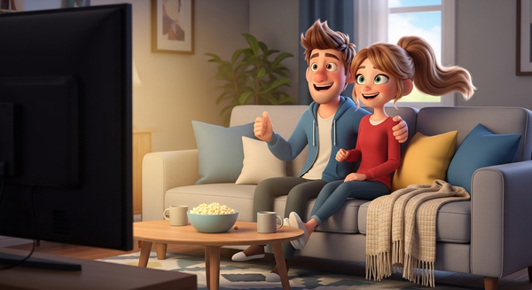 연인이 쇼파에서 tv를 즐겁게 보고 있는 모습