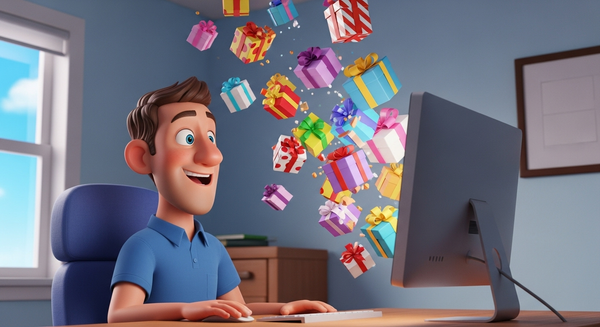 모니터에서 선물들이 튀어나오는 이미지