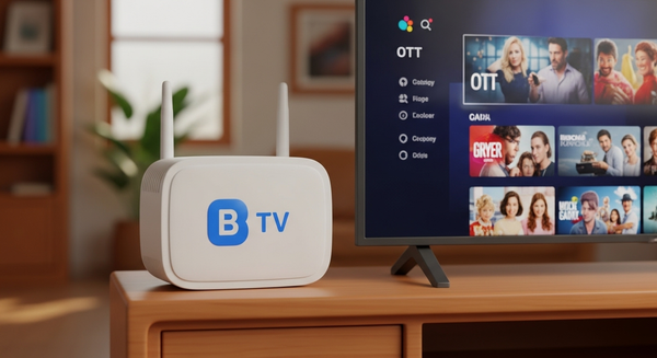 B Tv 공유기가 ott가 켜진 tv옆에 놓여져 있는 이미지