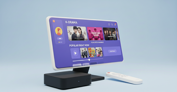 모니터에 IPTV 화면이 재생되고 있고 아래에 셋톱박스와 리모컨이 있음