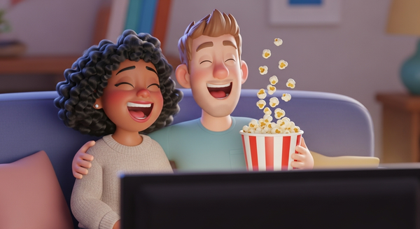 연인이 tv 화면을 보며 왁자지껄 웃는 이미지