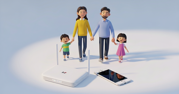 가족 아래에 kt 공유기와 휴대폰이 놓여져있는 이미지