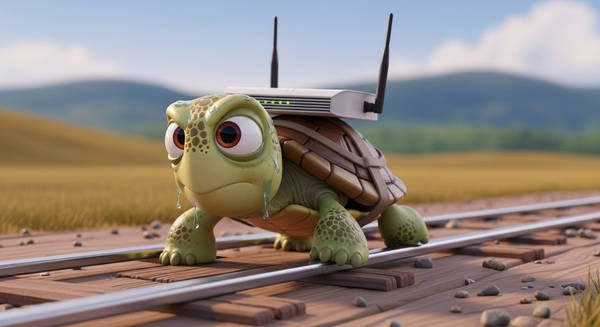 공유기를 등에 업고 땀을 흘리며 힘들게 트랙을 기어가는 거북이