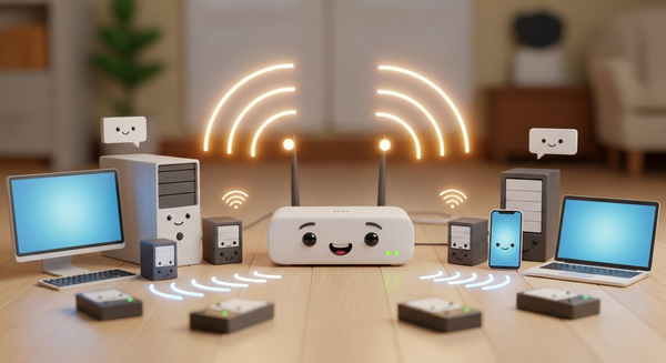 공유기가 외장하드, PC, 스마트폰 등에 연결되는 이미지