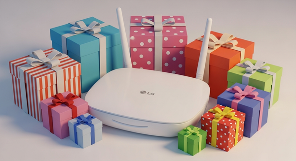 LG 공유기 주위에 선물 박스가 놓여져 있음