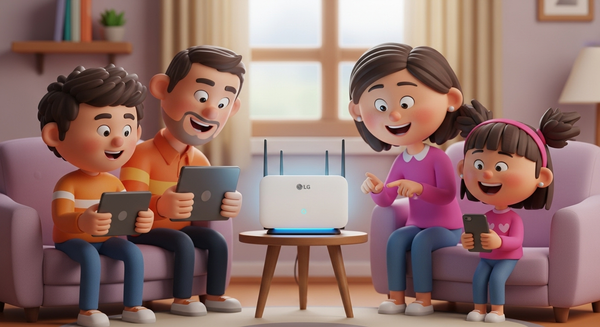 lg 공유기 주위에 가족들이 모여있음