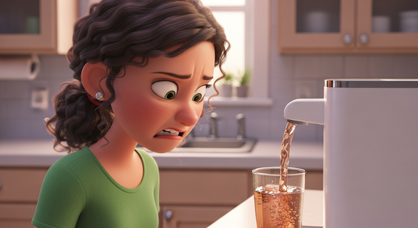 정수기에서 더러운 물이 나와서 표정이 안좋은 여성 이미지