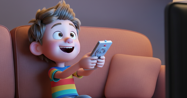 리모콘을 들고 tv를 시청하고 있는 소년의 이미지