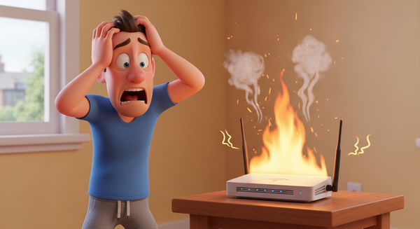 공유기에서 불이나서 놀라는 남자