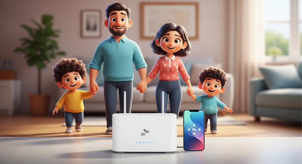 손을 잡고 있는 가족들 아래에 sk 공유기와 휴대폰이 있는 이미지