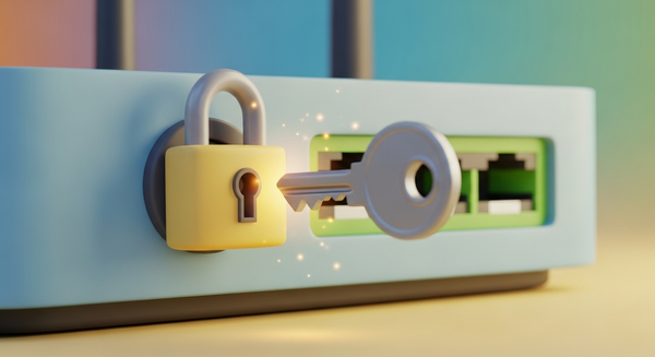 공유기에 자물쇠가 걸려있고 열쇠로 해제하려는 이미지