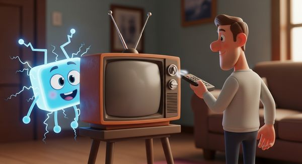 tv를 끄는 남성과, TV 뒤에 꼬마 전기 캐릭터가 숨어서 웃고 있는 이미지