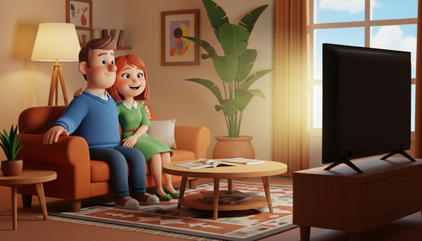 거실에서 tv 를 신나게 보고 있는 남녀 이미지