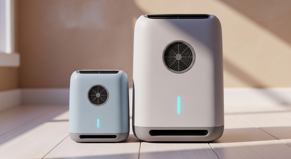 작은 사이즈의 공기청정기와 큰사이즈의 공기청정기가 나란히 배치된 이미지