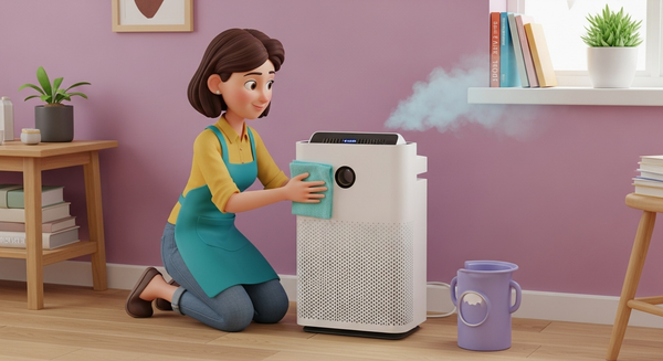 공기청정기를 청소하는 여성 이미지