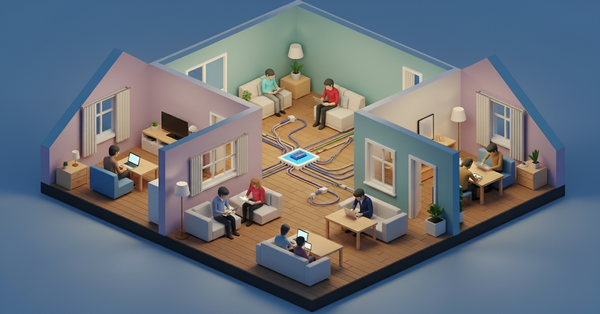 방마다 랜선이 연결되어 있고 인터넷을 하는 사람들 이미지