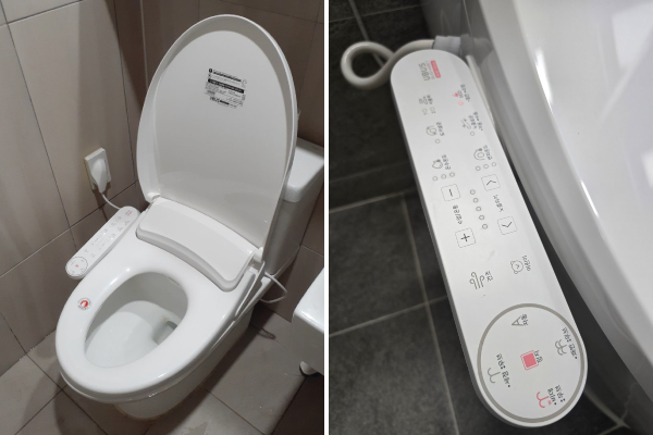 현대유버스 듀얼살균 비데 고객 설치 모습 및 리모컨 조작부