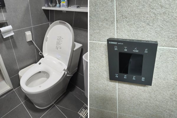 코웨이 더블케어 비데2 렌트리 고객 설치 모습 / 벽면 부착형 프리미엄 리모컨