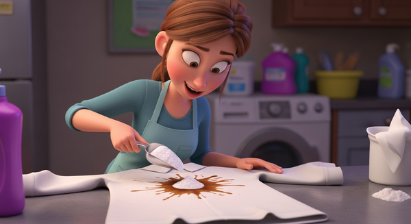 커피 얼룩이 묻은 흰옷에 과산화수소 가루를 바르는 여성