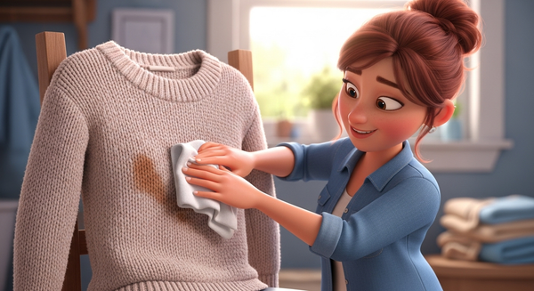 얼룩이 진 니트 옷을 천으로 닦고 있는 여성 이미지
