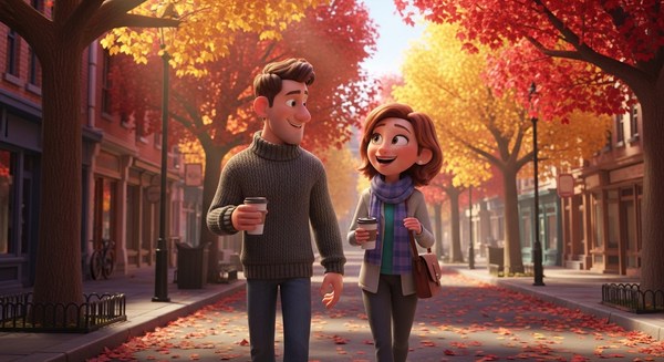 커피를 들고 단풍이 물든 길거리를 걷는 여성과 남성