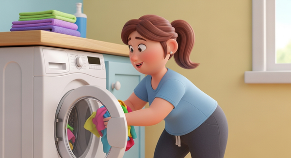 드럼세탁기에 빨래를 넣는 여성 이미지