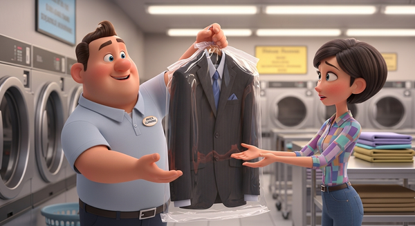 세탁이 완료된 양복을 건네어주는 모습