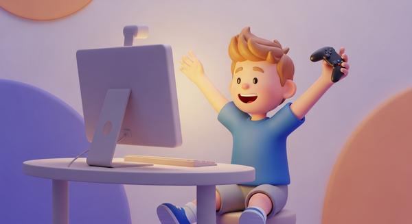 컴퓨터 게임을 신나게 하고 있는 소년의 이미지