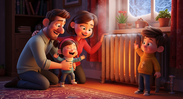 바람이 나오는 난방기 앞에서 따스함을 즐기는 가족의 이미지