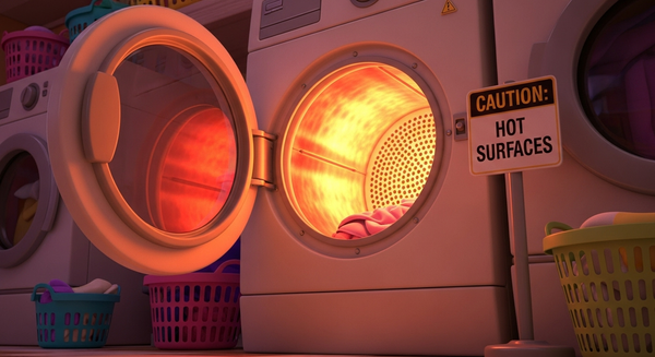건조기 안이 뜨겁고 옆에 주의 표시가 떠있음