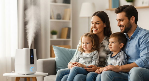 가습기를 쐬고 있는 가족 이미지