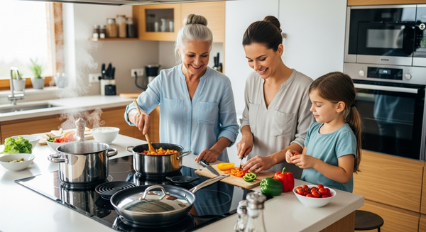 인덕션에서 요리를 하고 있는 가족 이미지
