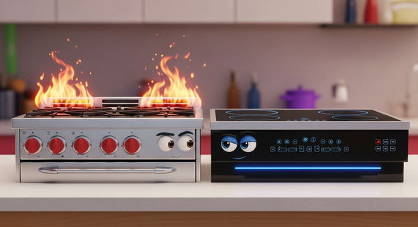 가스레인지와 인덕션이 대결하는 이미지