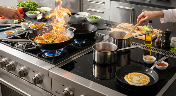 가스레인지와 인덕션 위에 음식이 요리되고 있는 이미지