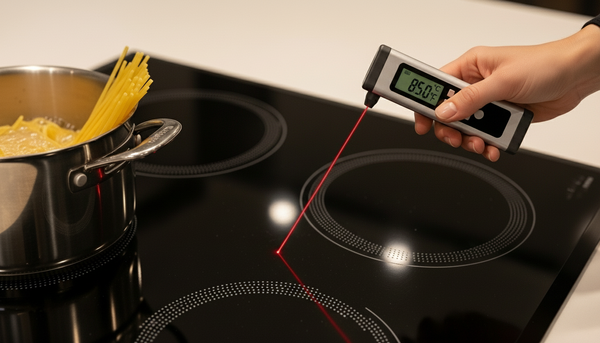 인덕션 위에 레이저 온도계를 측정하는 이미지