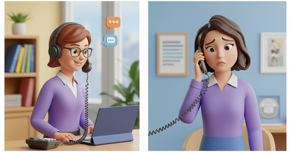 왼쪽에는 상담원이 있고 오른쪽에는 걱정하는 표정의 고객이 전화를 받고 있는 이미지