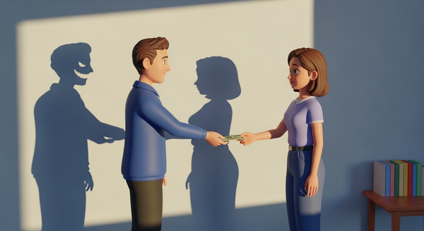 여성에게 현금을 건네주는 남성과 벽에는 음흉하게 웃고 있는 남성의 그림자