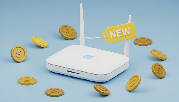 공유기 안테나에 new 태그가 붙어져 있고, 주변에는 동전들이 놓여져있는 이미지