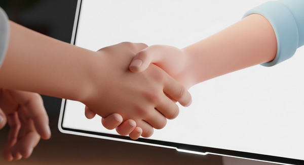 모니터에서 나온 손과 악수하고 있는 이미지