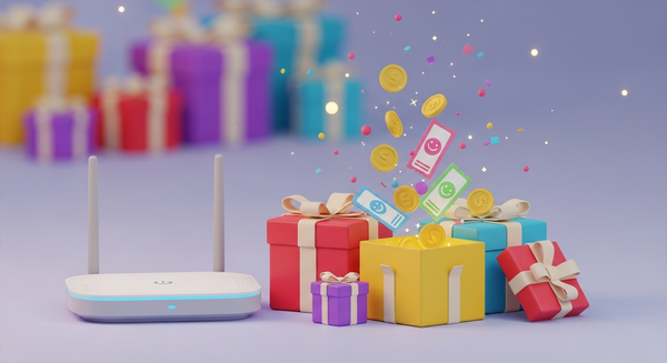 공유기 옆에 선물 박스들이 놓여진 이미지