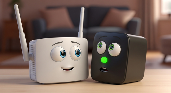 공유기와 모뎀이 서로 바라보고 있는 이미지