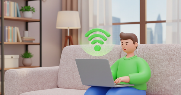 소파에 앉아 노트북을 하고 있는 남성의 이미지. 노트북 위에 와이파이 아이콘이 있음