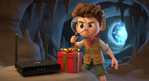 동굴에서 공유기와 선물을 찾은 탐험가 이미지