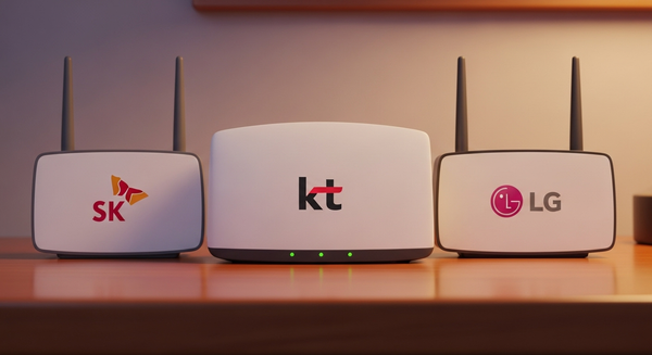  sk, kt, lg 로고가 적힌 공유기들이 나란히 있는 이미지