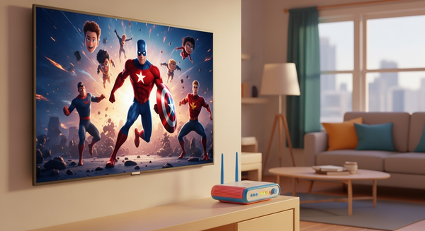 tv에 영화가 나오고 옆에 공유기가 있는 이미지