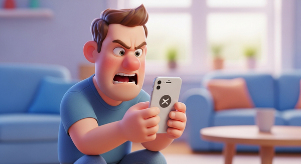 아이폰을 바라보며 화를 내고 있는 남성 이미지