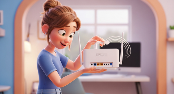 공유기의 뒷면을 살펴보고 있는 여성 이미지