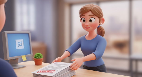 데스크에 서류를 제출하고 있는 여성 이미지